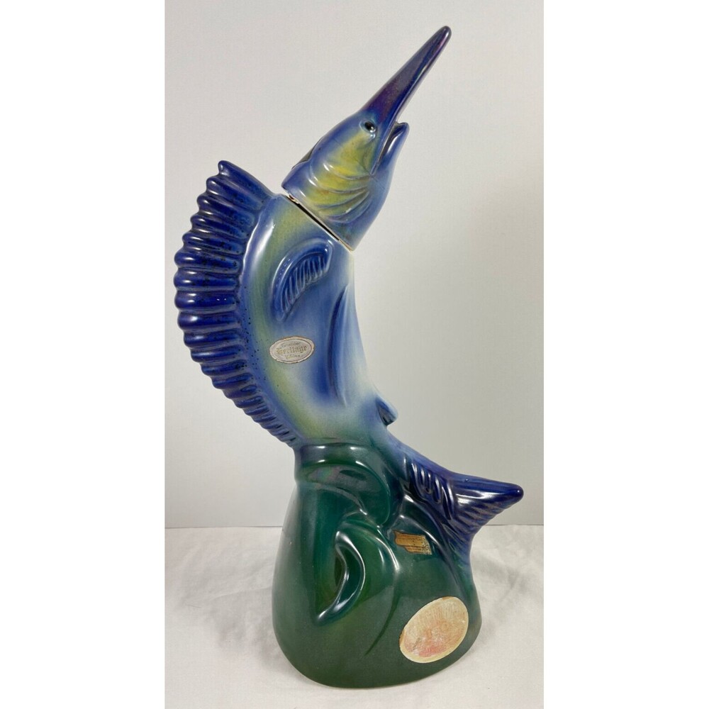 1970 Ezra Brooks Swordfish Decanter Sailfish Nautical Whiskey Fish Vintage Blue